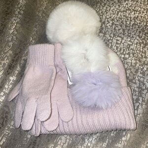 New Nicole Miller New York Girls Faux Fur Pom Hat Scrunchies & Mittens Glove Set